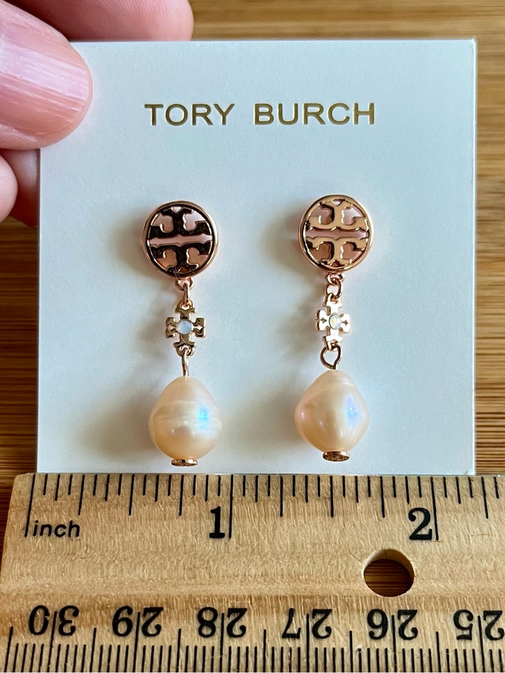 Tory Burch Pearl Drop Earrings Rose Gold Tone & Pink Pearls Moondance